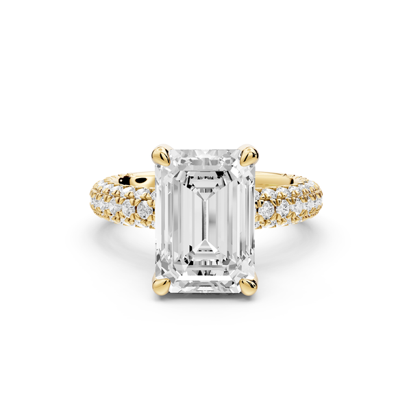 Emilia - 4ct 14k yellow gold emerald Hidden Halo Diamond Crown Rollover Pavé Engagement Ring