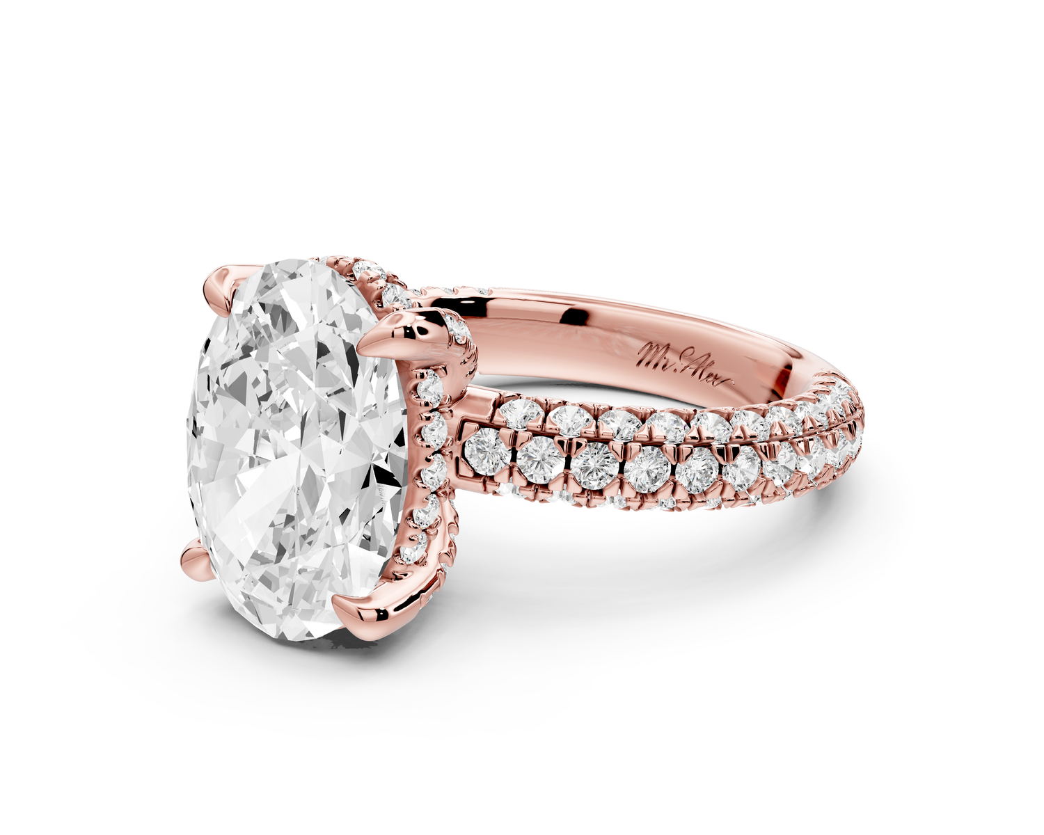 Emilia - 4ct 14k rose gold oval Hidden Halo Diamond Crown Rollover Pavé Engagement Ring