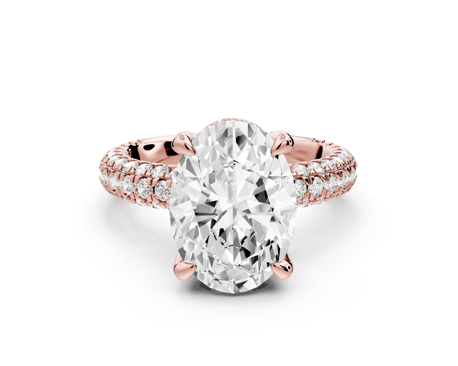 Emilia - 4ct 14k rose gold oval Hidden Halo Diamond Crown Rollover Pavé Engagement Ring