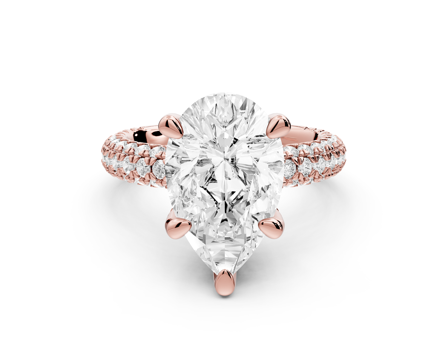 Emilia - 4ct 14k rose gold pear Hidden Halo Diamond Crown Rollover Pavé Engagement Ring