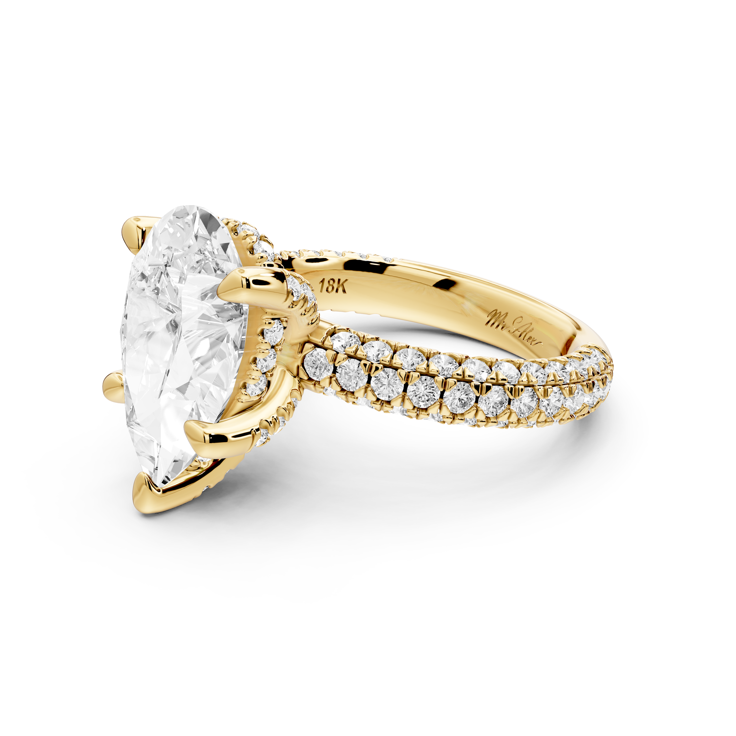 Emilia - 4ct 14k yellow gold pear Hidden Halo Diamond Crown Rollover Pavé Engagement Ring