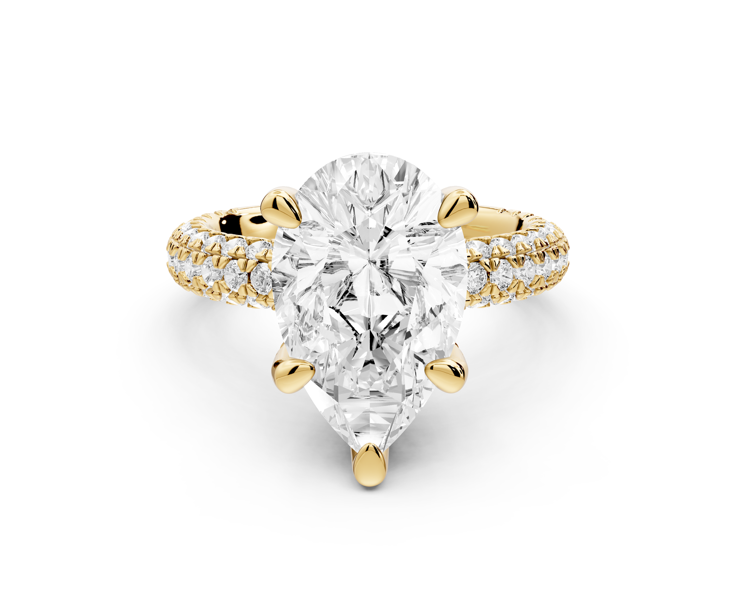 Emilia - 4ct 14k yellow gold pear Hidden Halo Diamond Crown Rollover Pavé Engagement Ring