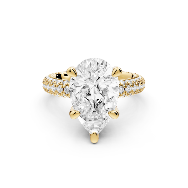 Emilia - 4ct 14k yellow gold pear Hidden Halo Diamond Crown Rollover Pavé Engagement Ring