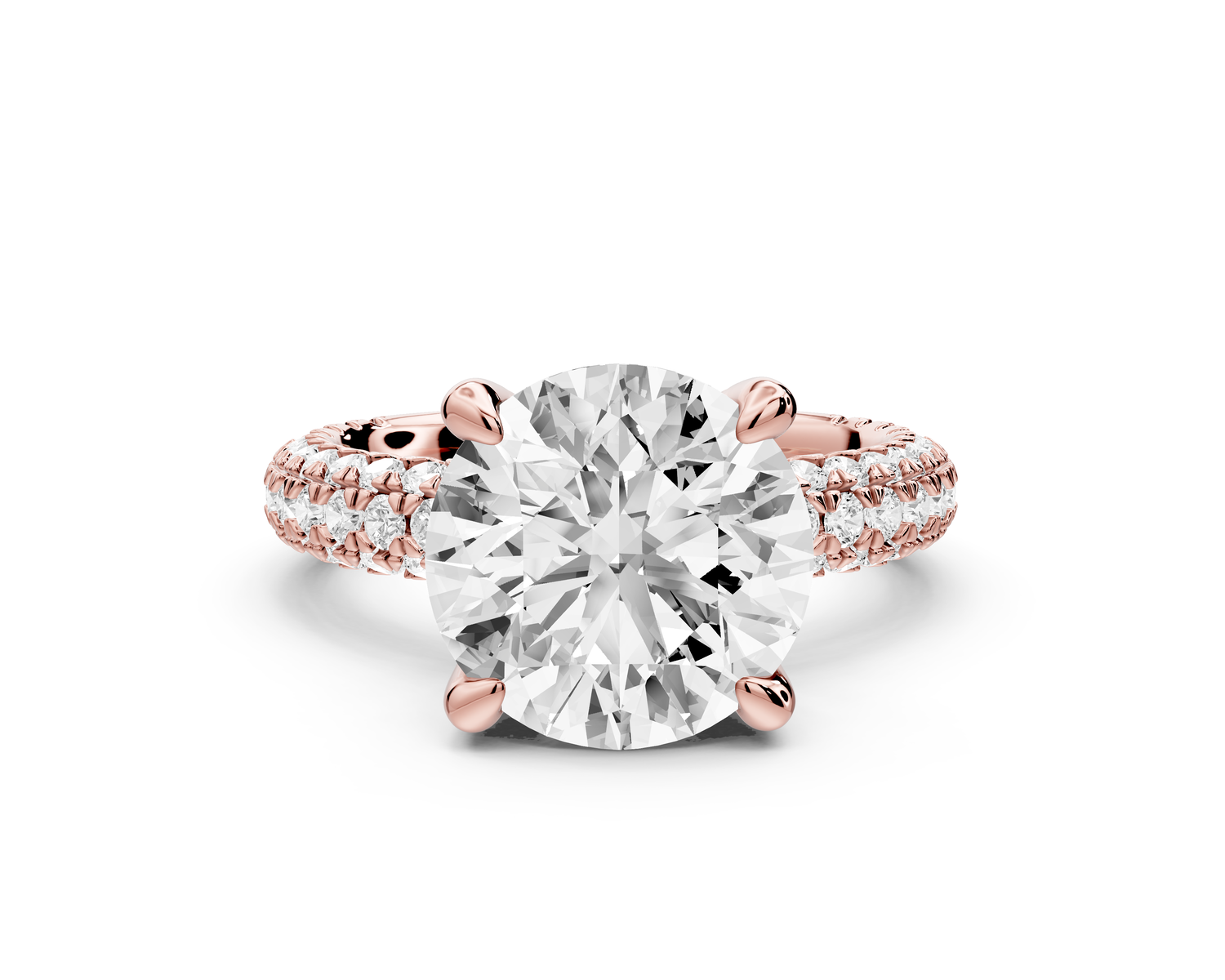 Emilia - 4ct 14k rose gold round Hidden Halo Diamond Crown Rollover Pavé Engagement Ring