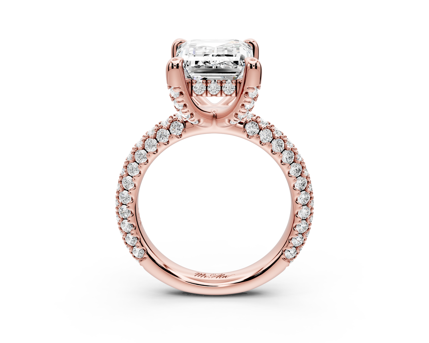 Emilia - 5ct 14k rose gold emerald Hidden Halo Diamond Crown Rollover Pavé Engagement Ring