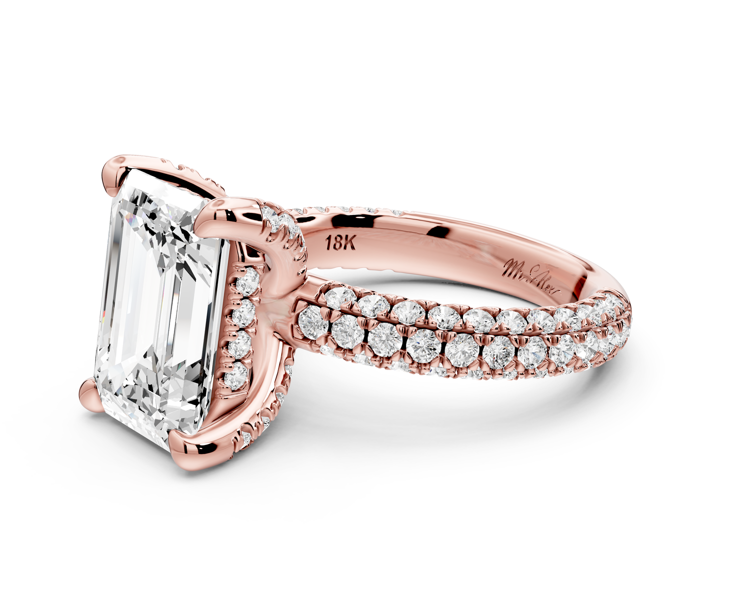 Emilia - 5ct 14k rose gold emerald Hidden Halo Diamond Crown Rollover Pavé Engagement Ring