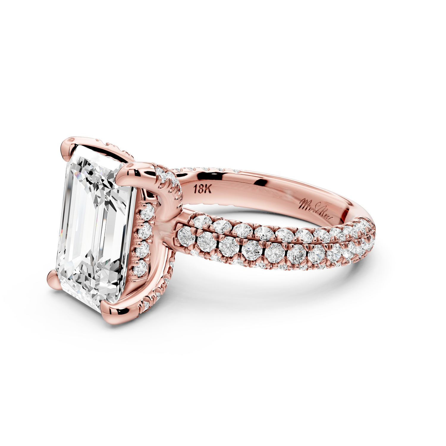 Emilia - 5ct 14k rose gold emerald Hidden Halo Diamond Crown Rollover Pavé Engagement Ring