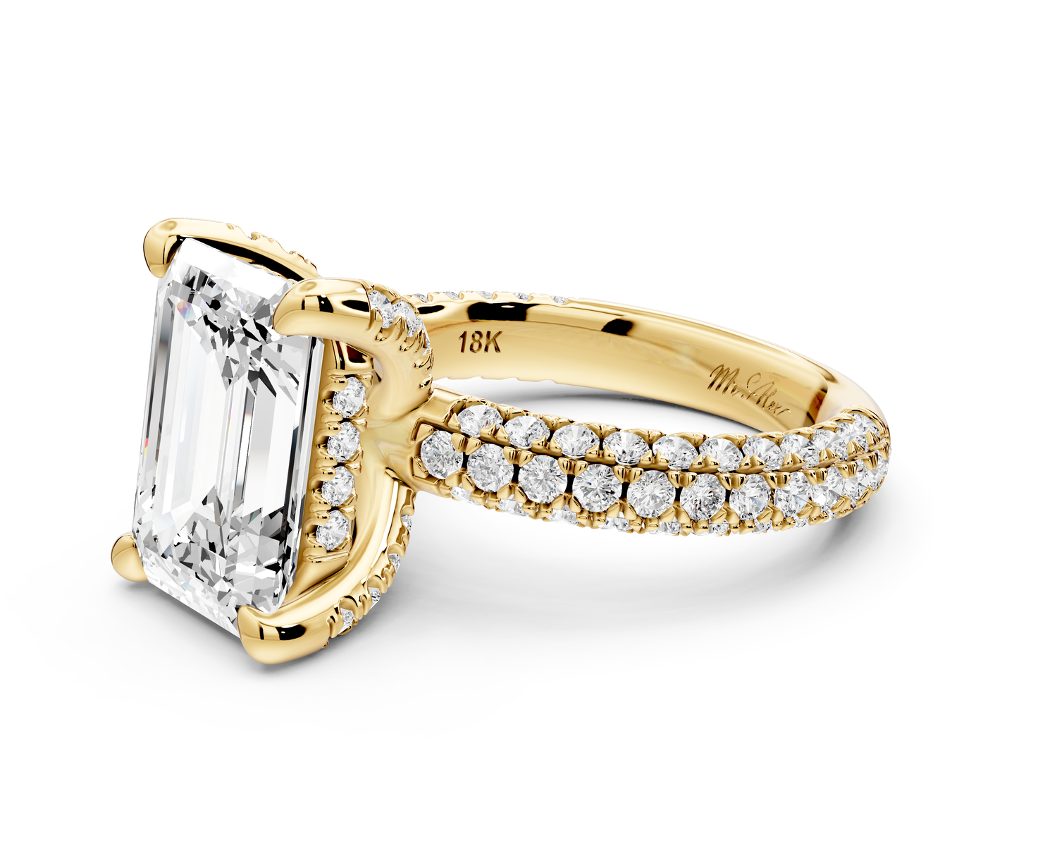 Emilia - 5ct 14k yellow gold emerald Hidden Halo Diamond Crown Rollover Pavé Engagement Ring