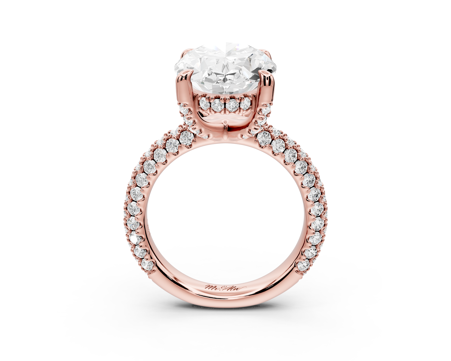 Emilia - 5ct 14k rose gold oval Hidden Halo Diamond Crown Rollover Pavé Engagement Ring