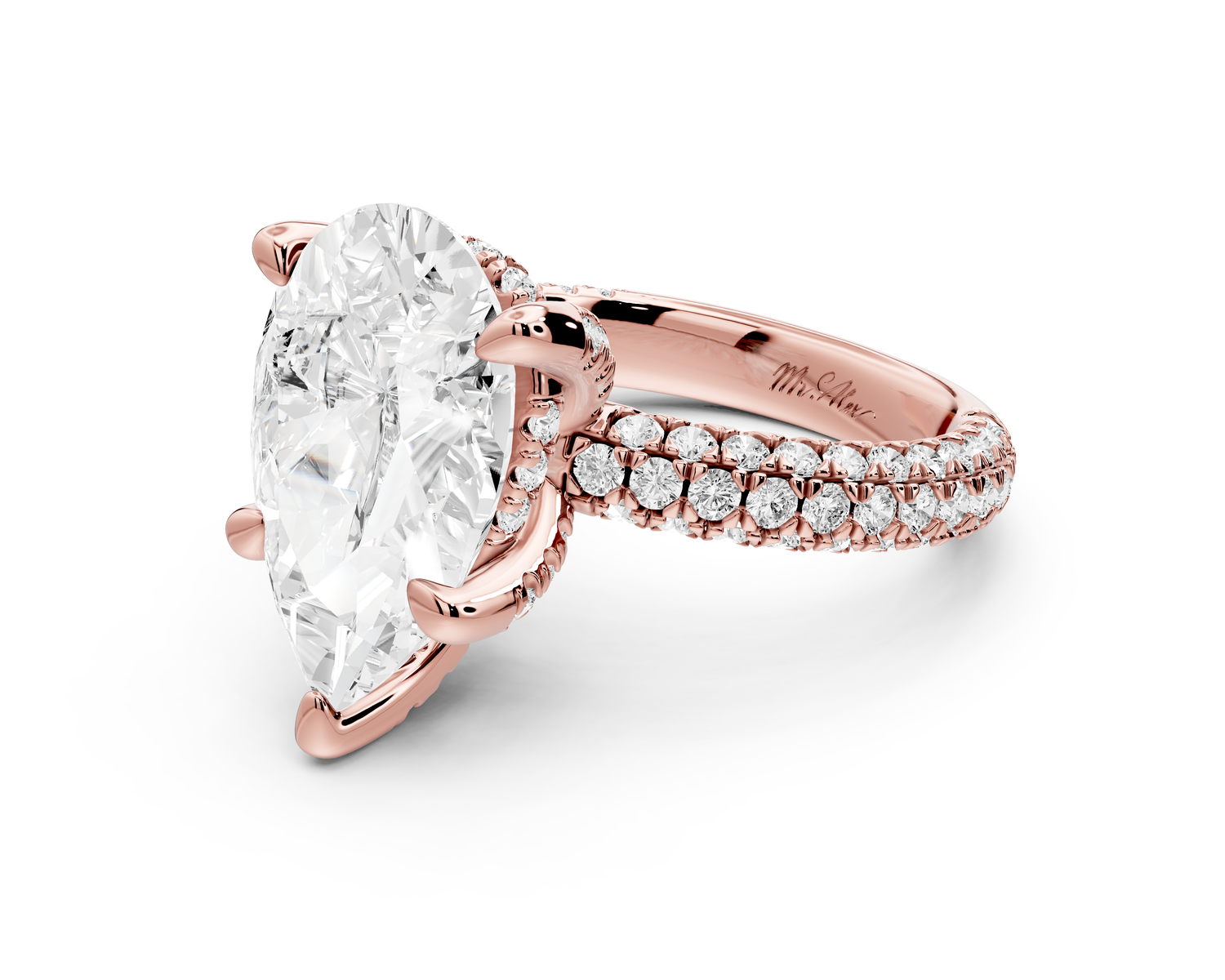 Emilia - 5ct 14k rose gold pear Hidden Halo Diamond Crown Rollover Pavé Engagement Ring