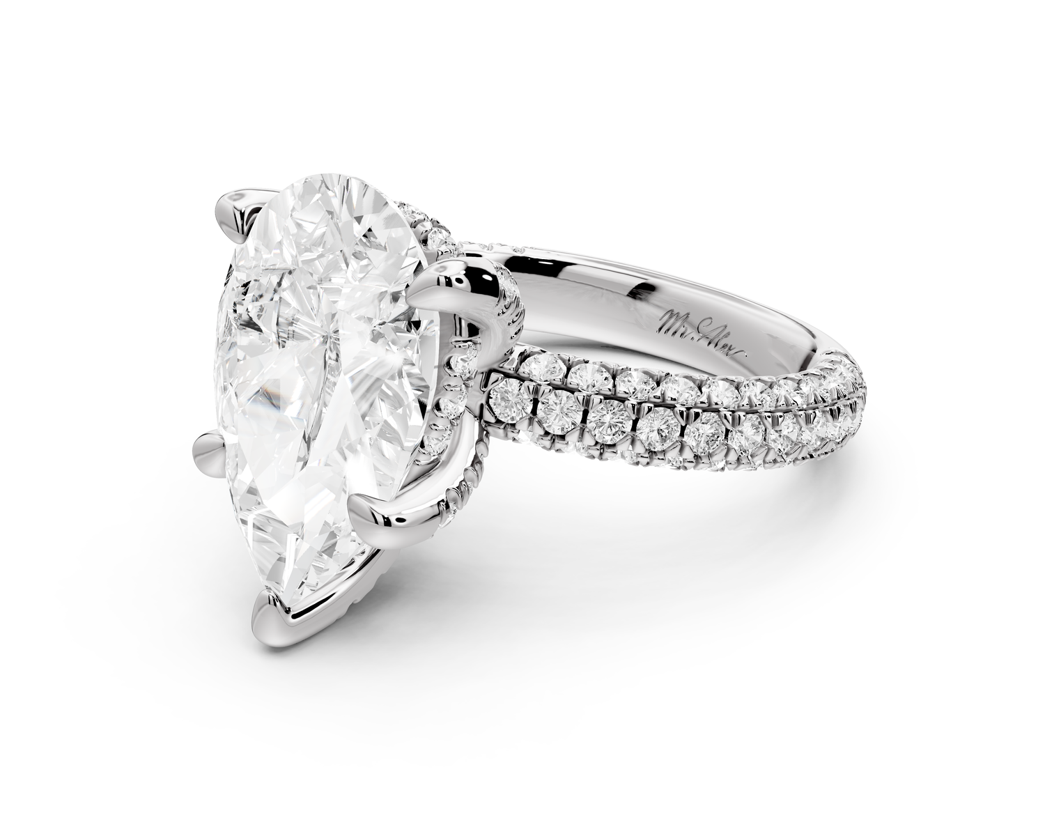 Emilia - 5ct 14k white gold pear Hidden Halo Diamond Crown Rollover Pavé Engagement Ring