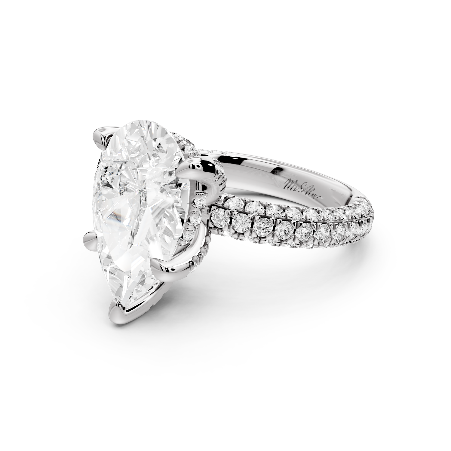 Emilia - 5ct 14k white gold pear Hidden Halo Diamond Crown Rollover Pavé Engagement Ring