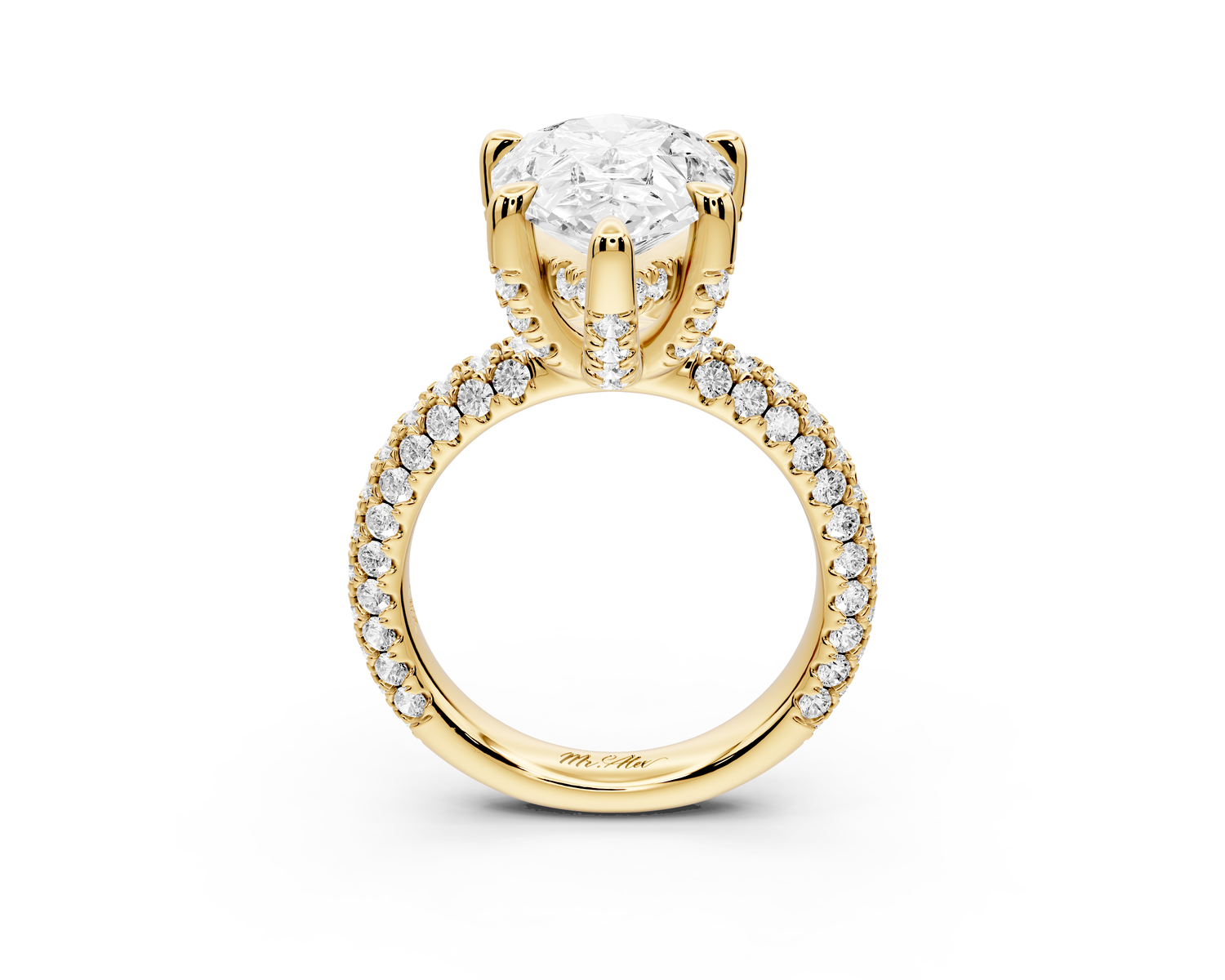 Emilia - 5ct 14k yellow gold pear Hidden Halo Diamond Crown Rollover Pavé Engagement Ring