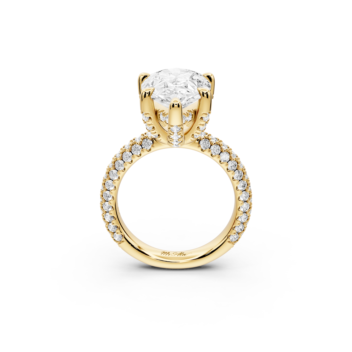 Emilia - 5ct 14k yellow gold pear Hidden Halo Diamond Crown Rollover Pavé Engagement Ring