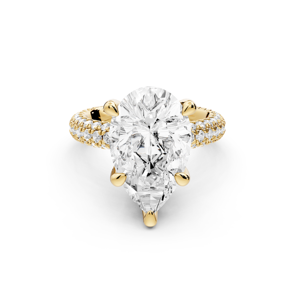Emilia - 5ct 14k yellow gold pear Hidden Halo Diamond Crown Rollover Pavé Engagement Ring