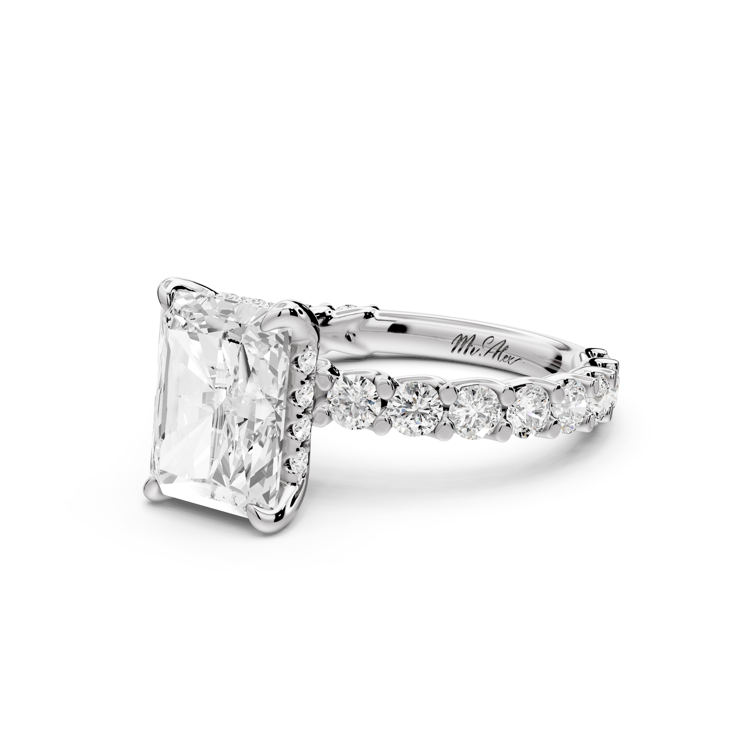 Siena - 3ct 14k white gold emerald Hidden Halo with Shared Prong Pavé Engagement Ring