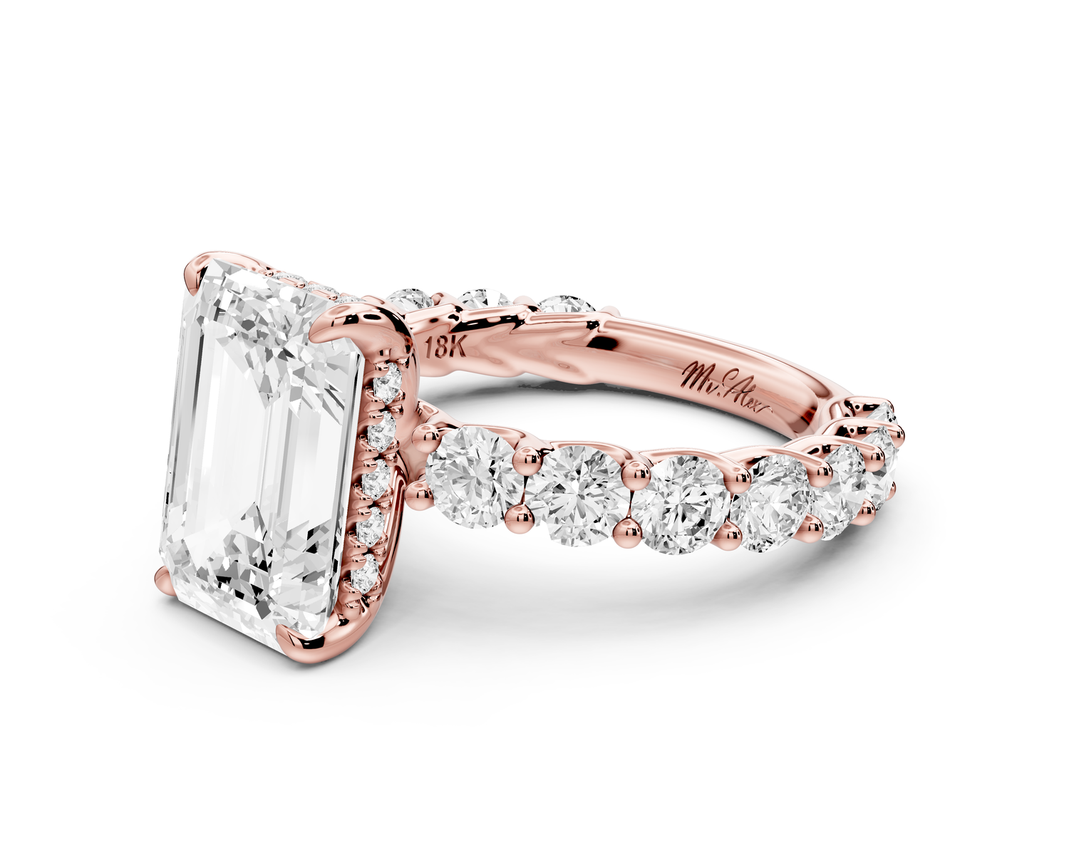 Siena - 4ct 14k rose gold emerald Hidden Halo with Shared Prong Pavé Engagement Ring