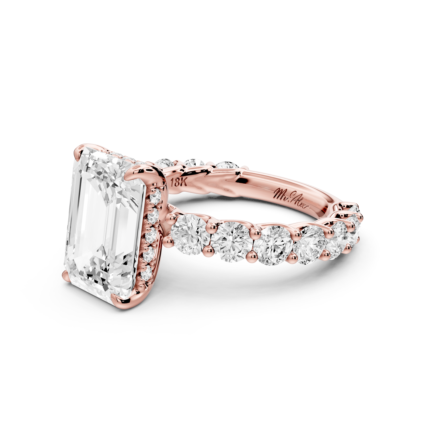 Siena - 4ct 14k rose gold emerald Hidden Halo with Shared Prong Pavé Engagement Ring