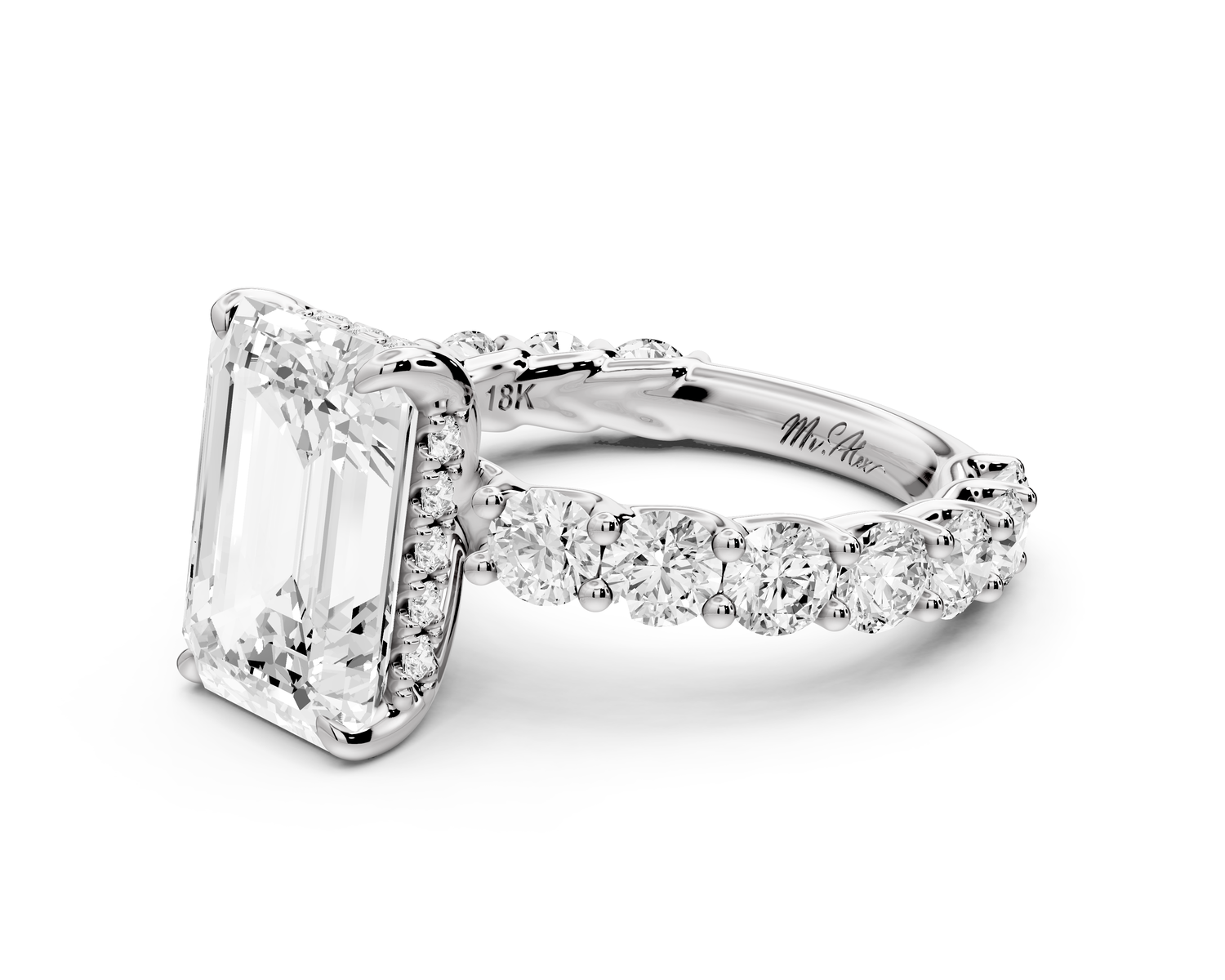 Siena - 4ct 14k white gold emerald Hidden Halo with Shared Prong Pavé Engagement Ring