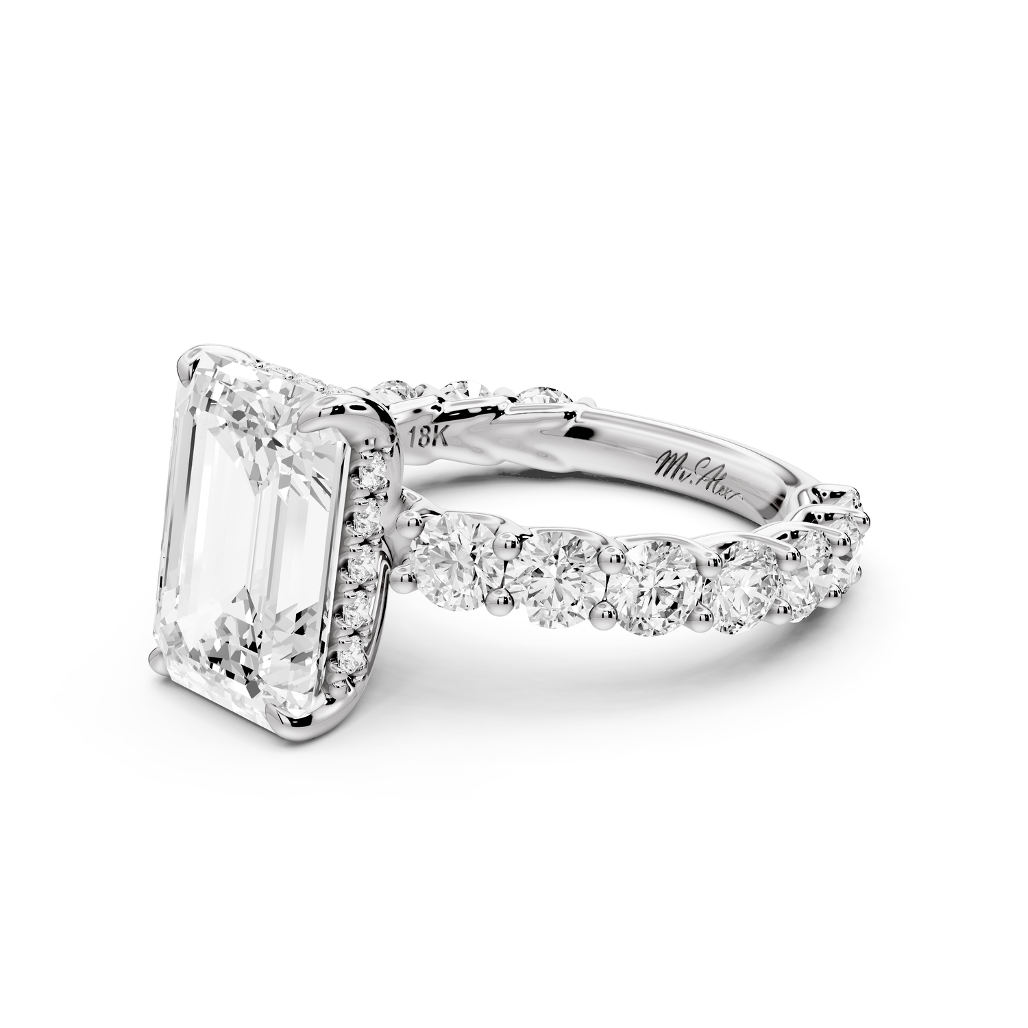 Siena - 4ct 14k white gold emerald Hidden Halo with Shared Prong Pavé Engagement Ring