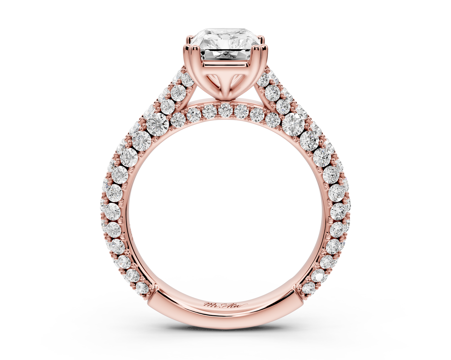 Clarissa - 2ct 14k rose gold emerald Diamond double talon prongs with a diamond bridge rollover pave cathedral engagment ring