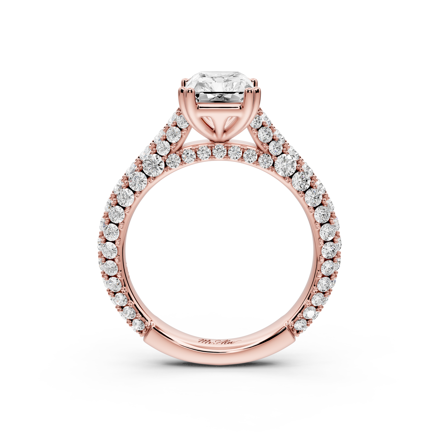 Clarissa - 2ct 14k rose gold emerald Diamond double talon prongs with a diamond bridge rollover pave cathedral engagment ring