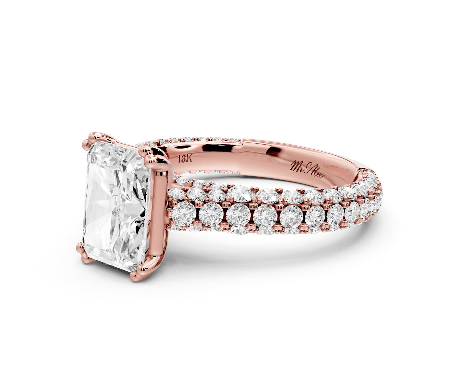 Clarissa - 2ct 14k rose gold emerald Diamond double talon prongs with a diamond bridge rollover pave cathedral engagment ring