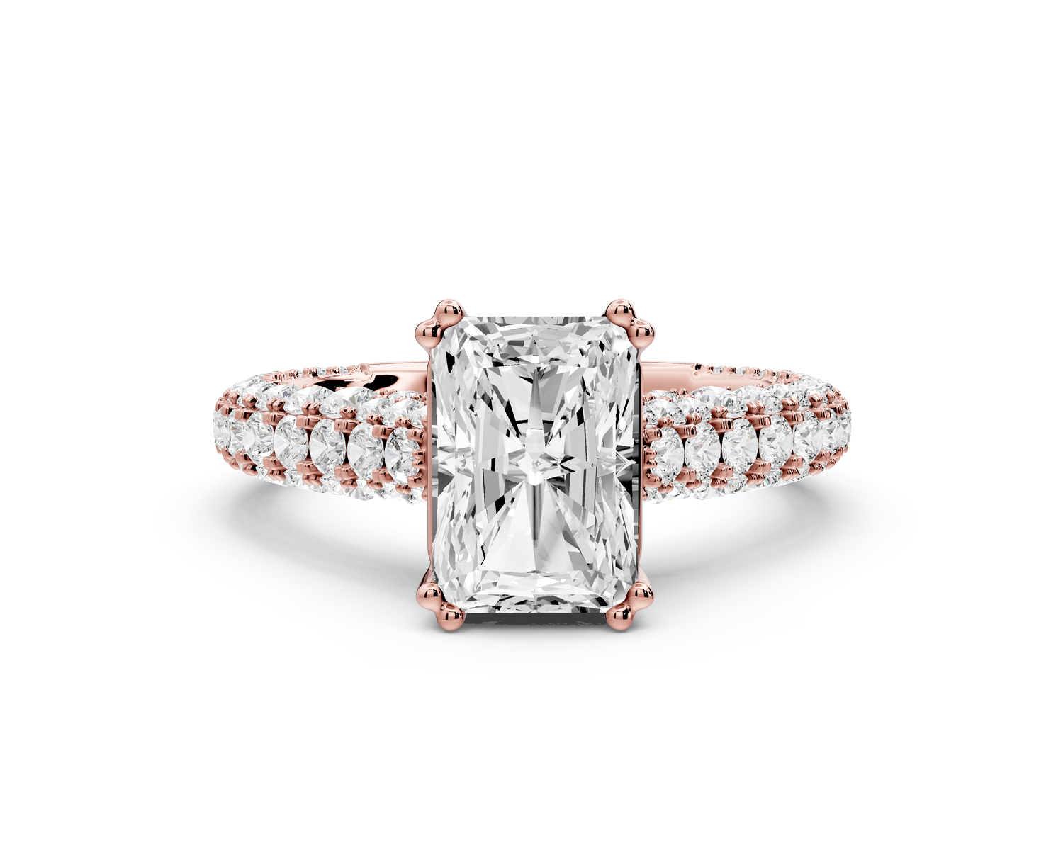 Clarissa - 2ct 14k rose gold emerald Diamond double talon prongs with a diamond bridge rollover pave cathedral engagment ring