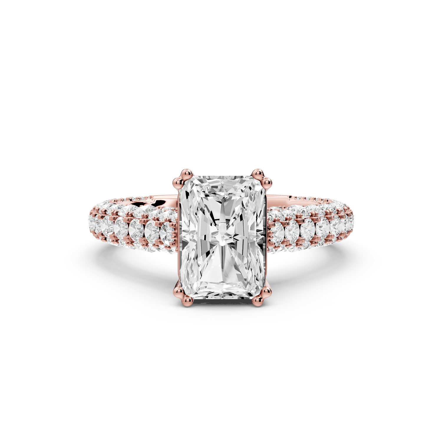 Clarissa - 2ct 14k rose gold emerald Diamond double talon prongs with a diamond bridge rollover pave cathedral engagment ring