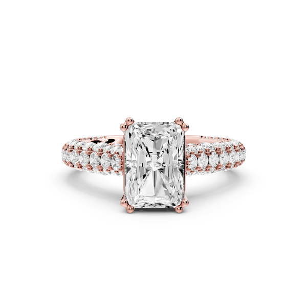 Clarissa - 2ct 14k rose gold emerald Diamond double talon prongs with a diamond bridge rollover pave cathedral engagment ring
