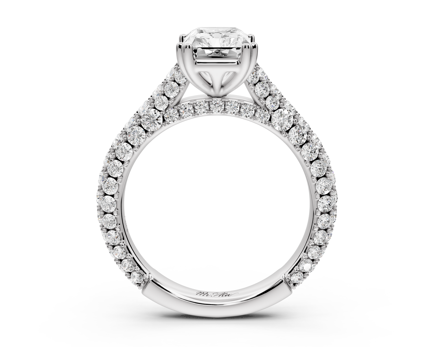 Clarissa - 2ct 14k white gold emerald Diamond double talon prongs with a diamond bridge rollover pave cathedral engagment ring
