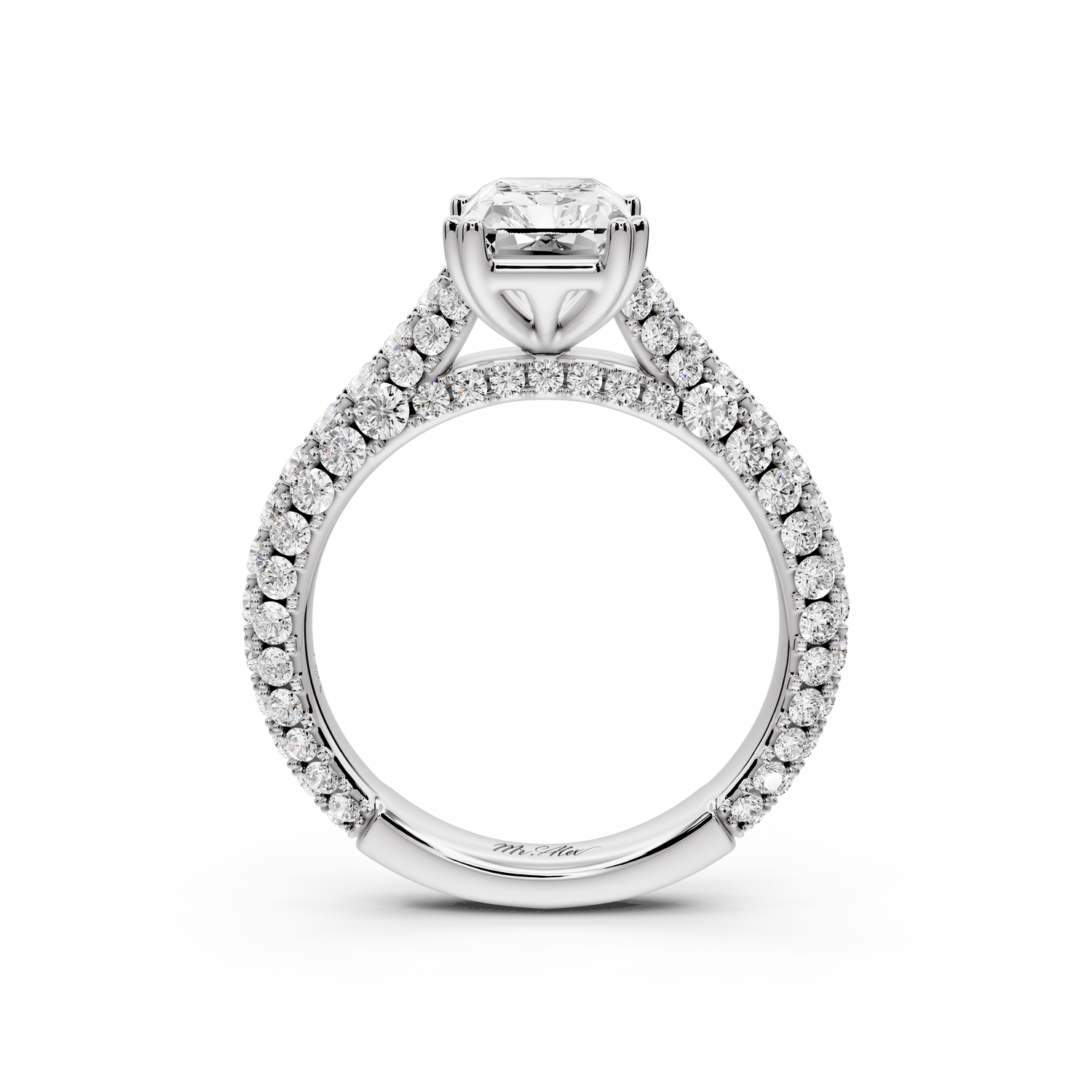 Clarissa - 2ct 14k white gold emerald Diamond double talon prongs with a diamond bridge rollover pave cathedral engagment ring