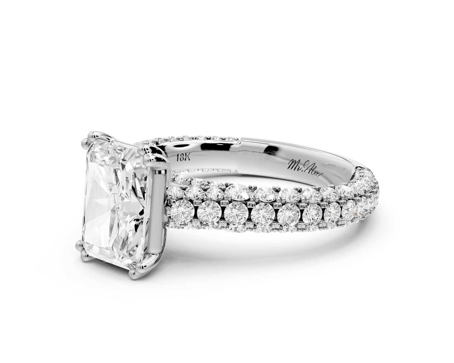 Clarissa - 2ct 14k white gold emerald Diamond double talon prongs with a diamond bridge rollover pave cathedral engagment ring