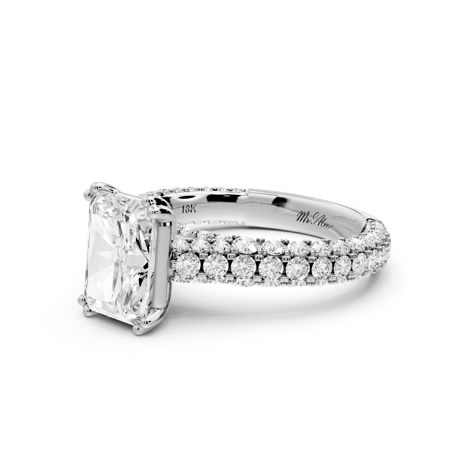Clarissa - 2ct 14k white gold emerald Diamond double talon prongs with a diamond bridge rollover pave cathedral engagment ring