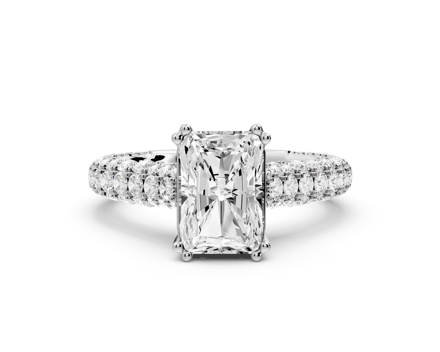 Clarissa - 2ct 14k white gold emerald Diamond double talon prongs with a diamond bridge rollover pave cathedral engagment ring