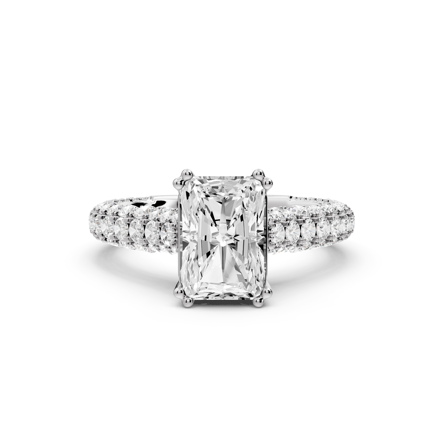 Clarissa - 2ct 14k white gold emerald Diamond double talon prongs with a diamond bridge rollover pave cathedral engagment ring