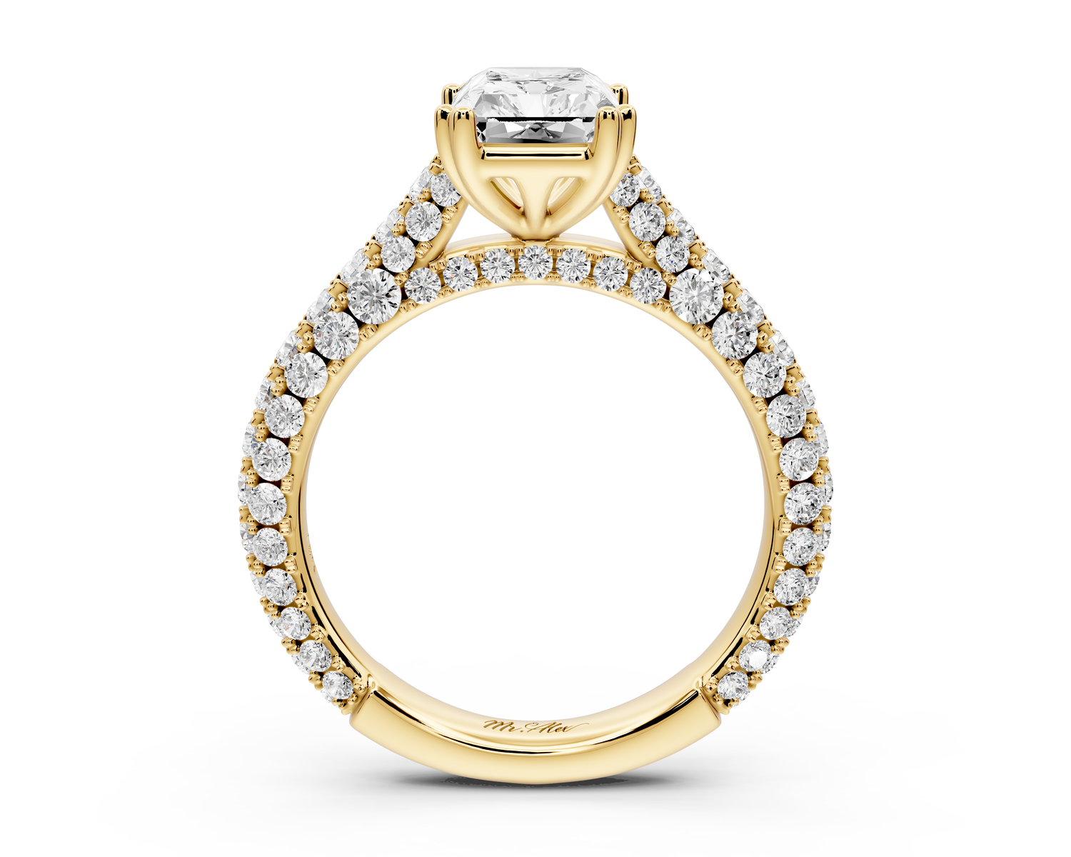 Clarissa - 2ct 14k yellow gold emerald Diamond double talon prongs with a diamond bridge rollover pave cathedral engagment ring