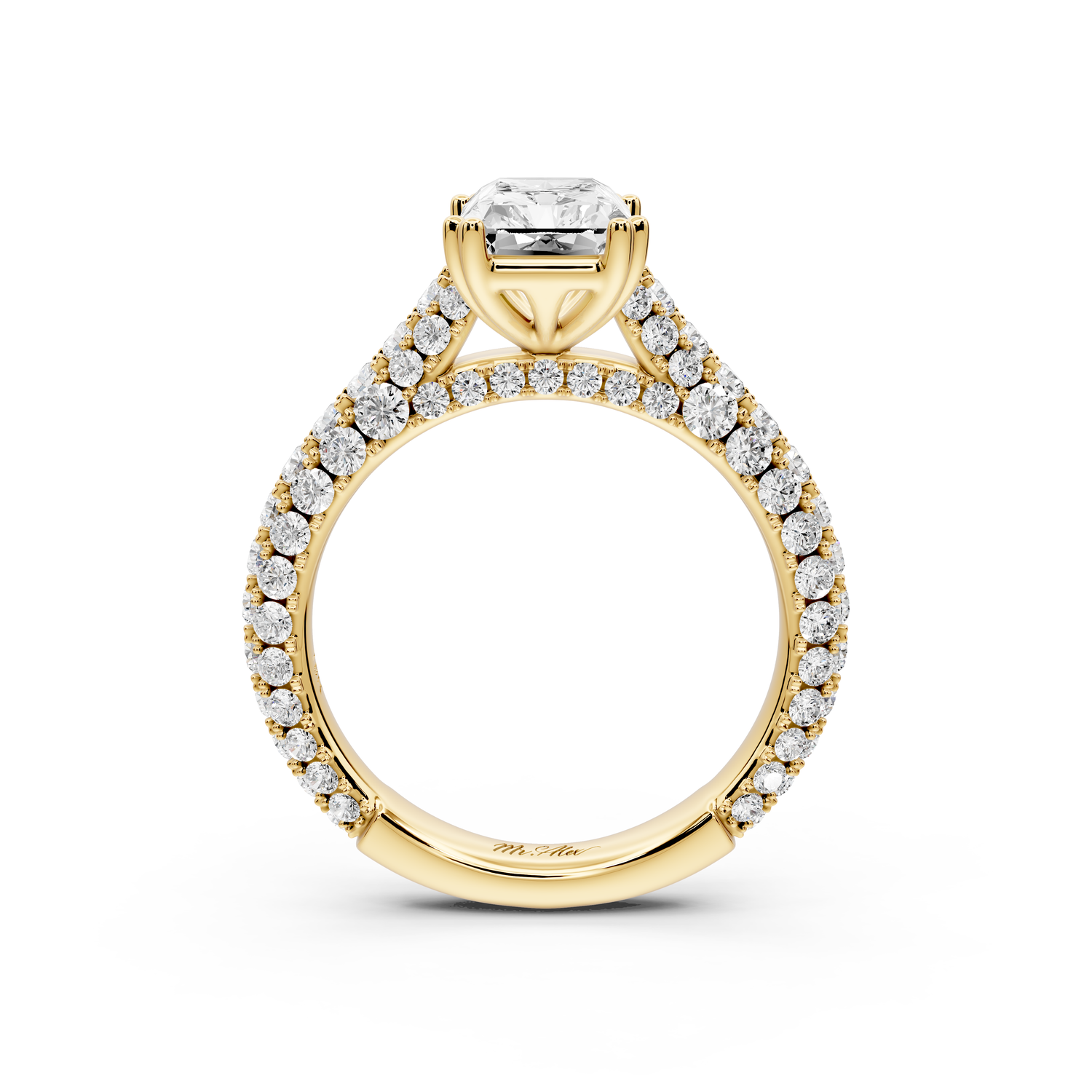 Clarissa - 2ct 14k yellow gold emerald Diamond double talon prongs with a diamond bridge rollover pave cathedral engagment ring