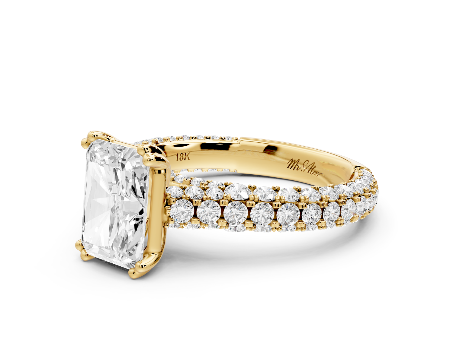 Clarissa - 2ct 14k yellow gold emerald Diamond double talon prongs with a diamond bridge rollover pave cathedral engagment ring