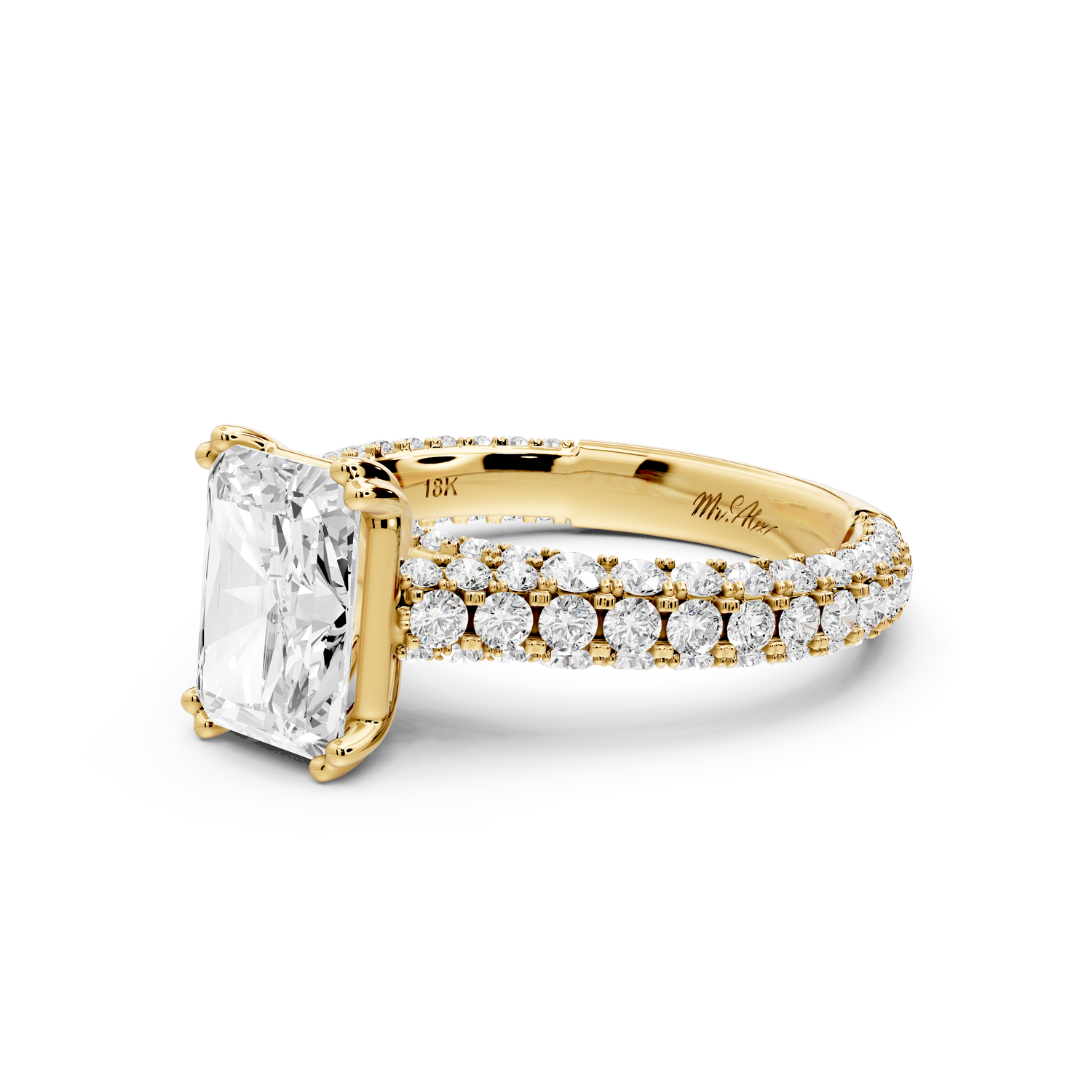 Clarissa - 2ct 14k yellow gold emerald Diamond double talon prongs with a diamond bridge rollover pave cathedral engagment ring