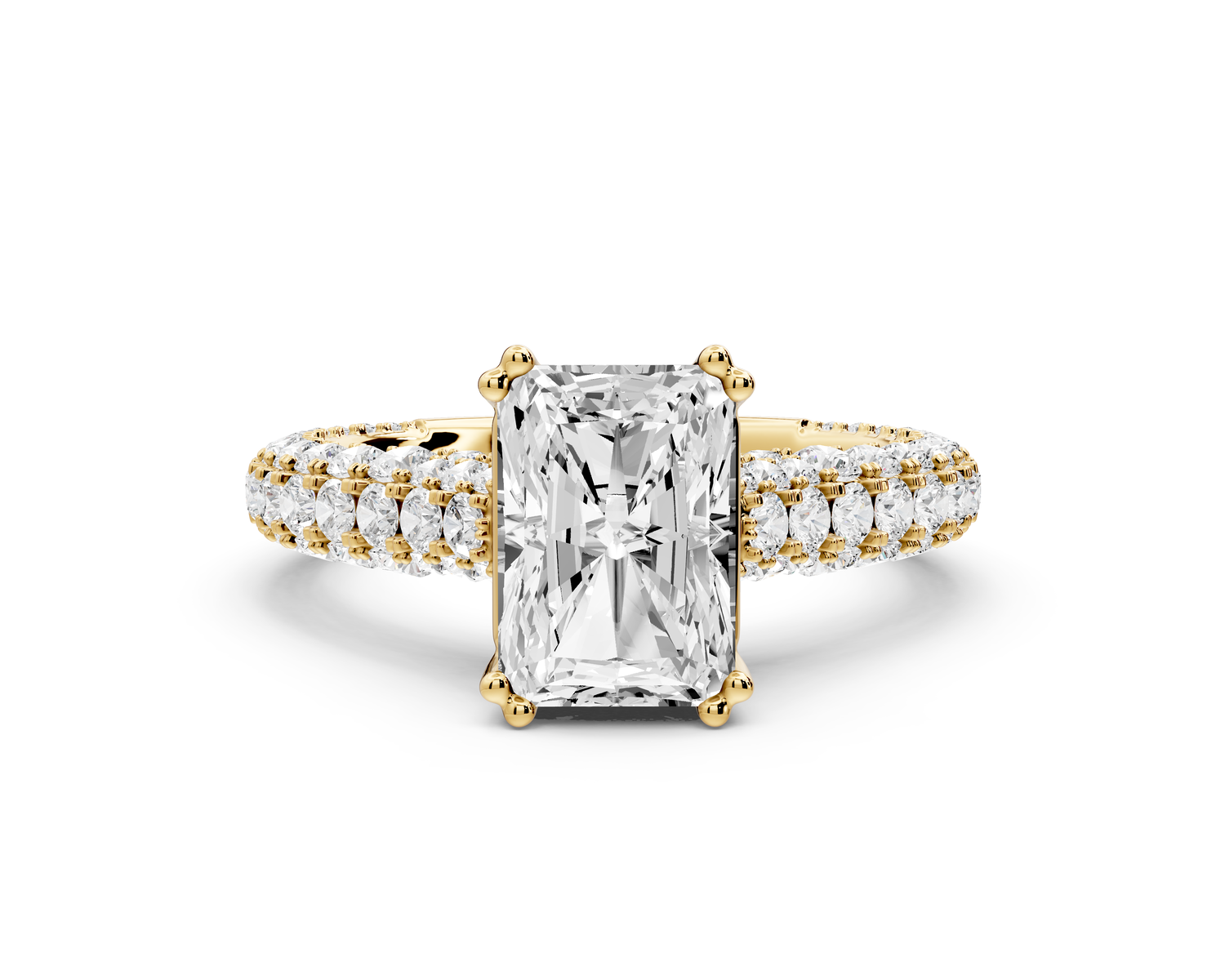 Clarissa - 2ct 14k yellow gold emerald Diamond double talon prongs with a diamond bridge rollover pave cathedral engagment ring