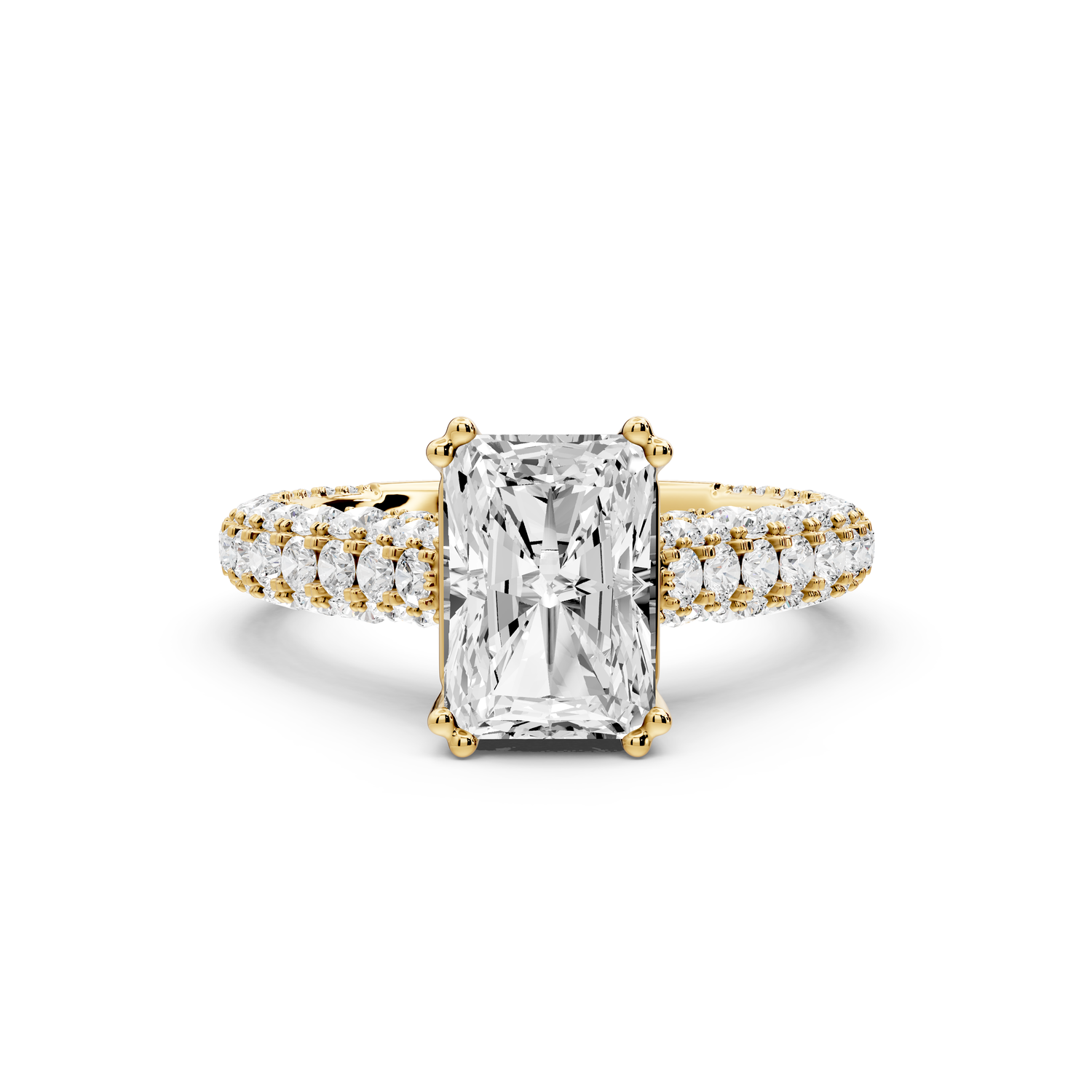 Clarissa - 2ct 14k yellow gold emerald Diamond double talon prongs with a diamond bridge rollover pave cathedral engagment ring