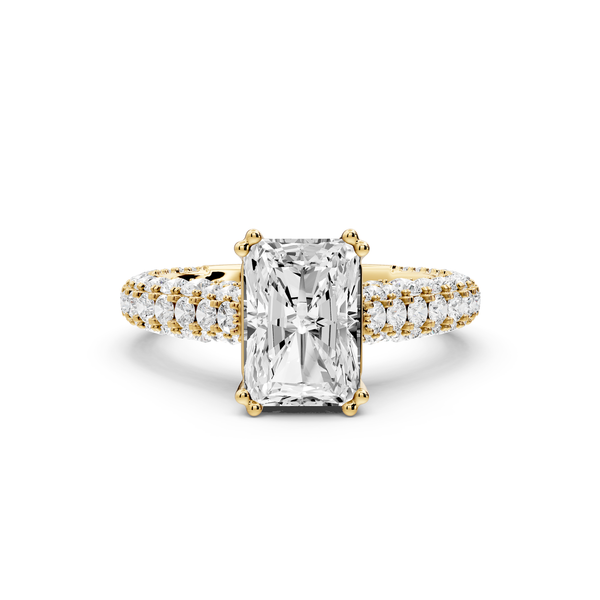 Clarissa - 2ct 14k yellow gold emerald Diamond double talon prongs with a diamond bridge rollover pave cathedral engagment ring