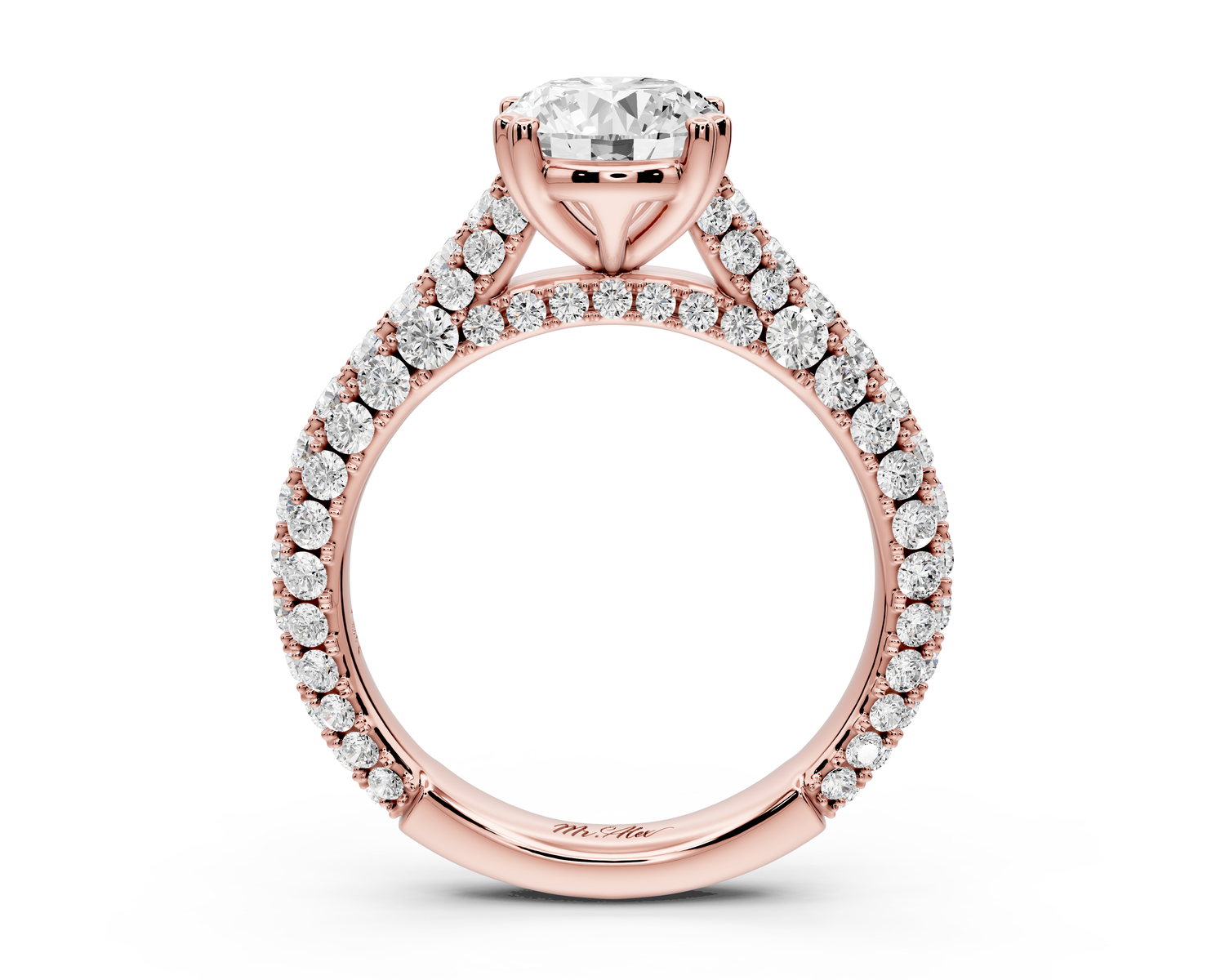Clarissa - 2ct 14k rose gold oval Diamond double talon prongs with a diamond bridge rollover pave cathedral engagment ring