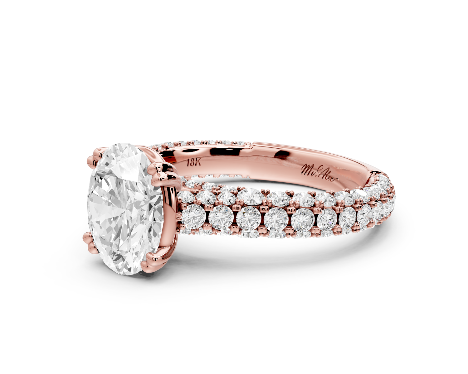 Clarissa - 2ct 14k rose gold oval Diamond double talon prongs with a diamond bridge rollover pave cathedral engagment ring