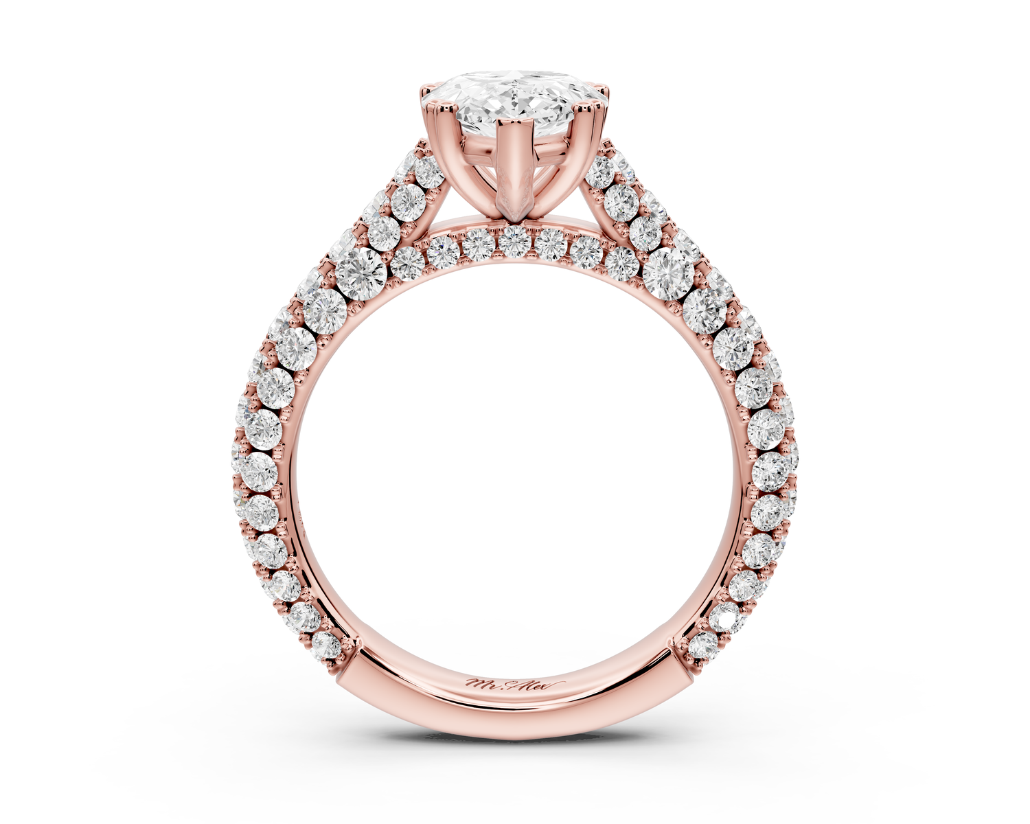 Clarissa - 2ct 18k rose gold pear Diamond double talon prongs with a diamond bridge rollover pave cathedral engagment ring