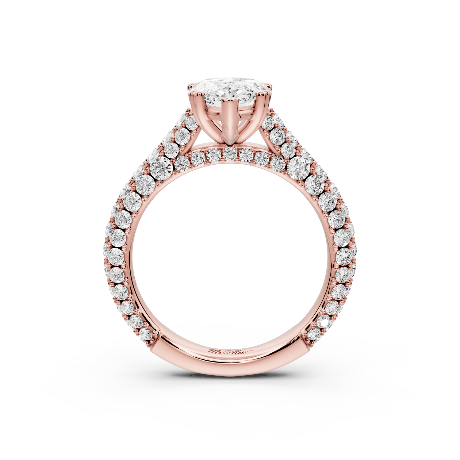 Clarissa - 2ct 18k rose gold pear Diamond double talon prongs with a diamond bridge rollover pave cathedral engagment ring