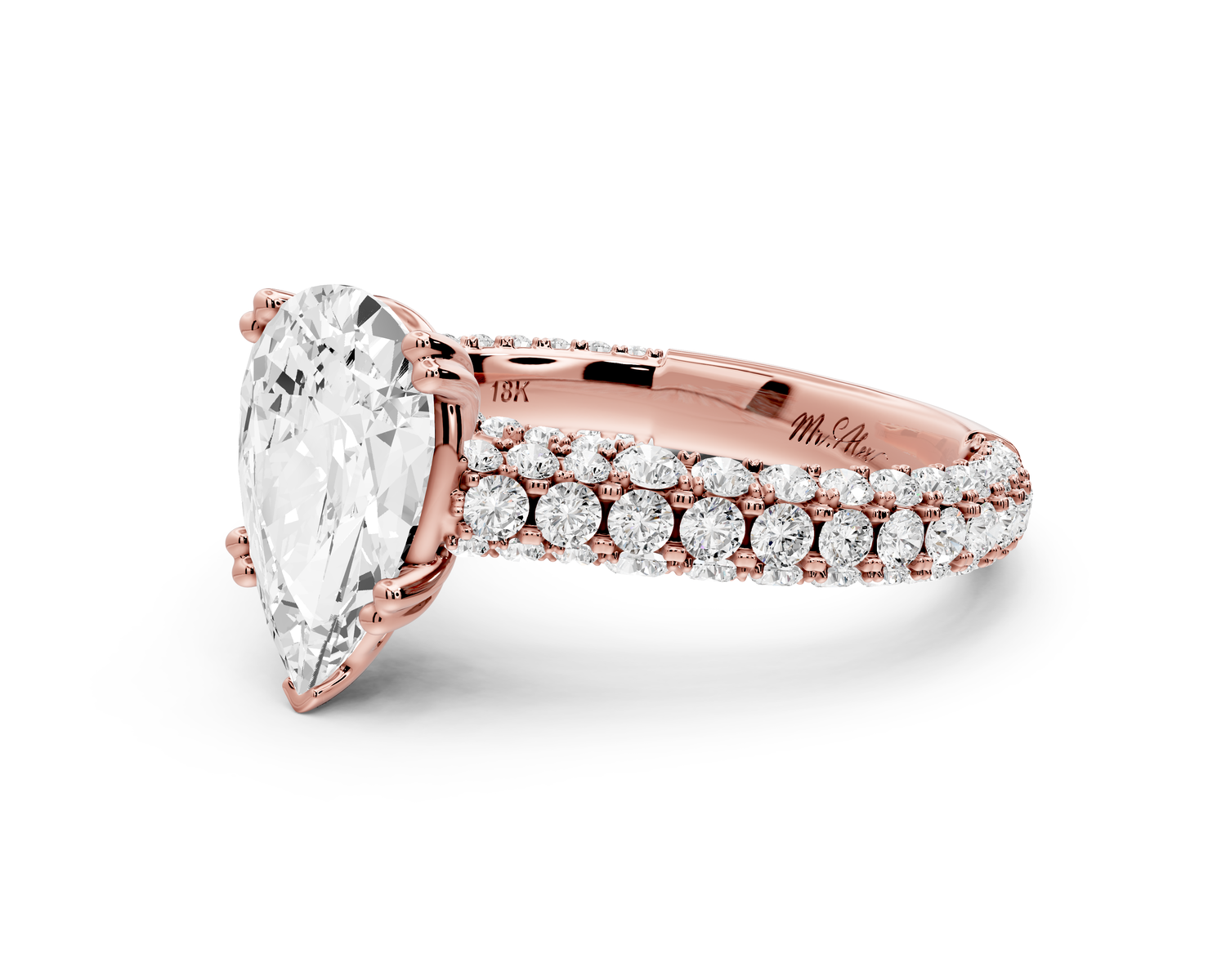 Clarissa - 2ct 14k rose gold pear Diamond double talon prongs with a diamond bridge rollover pave cathedral engagment ring