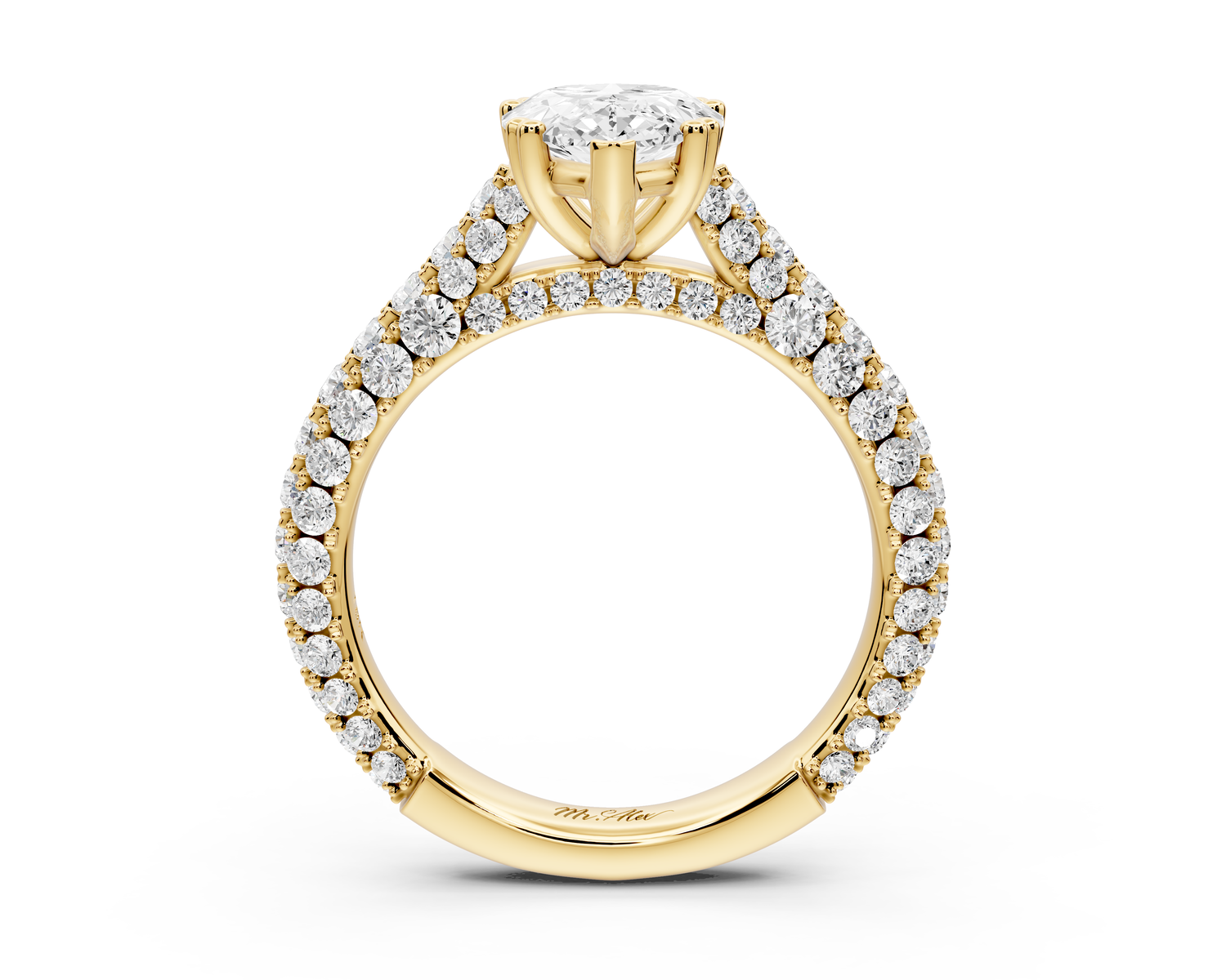 Clarissa - 2ct 14k yellow gold pear Diamond double talon prongs with a diamond bridge rollover pave cathedral engagment ring