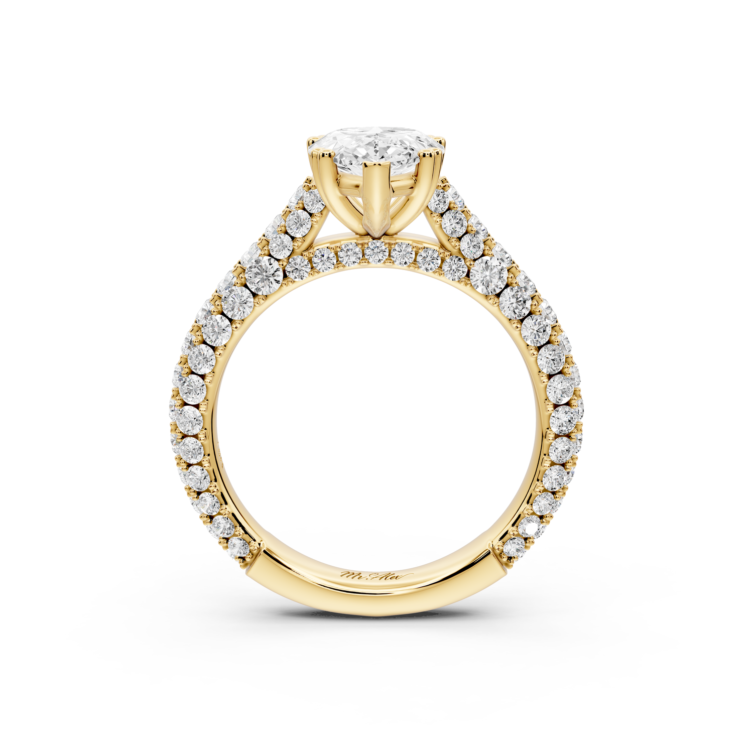 Clarissa - 2ct 14k yellow gold pear Diamond double talon prongs with a diamond bridge rollover pave cathedral engagment ring